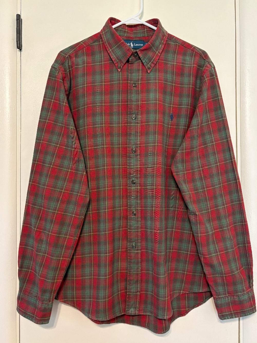 Ralph Lauren Polo Men's Red/Green Plaid Custom Fit L/S Button-Down Shirt L Logo